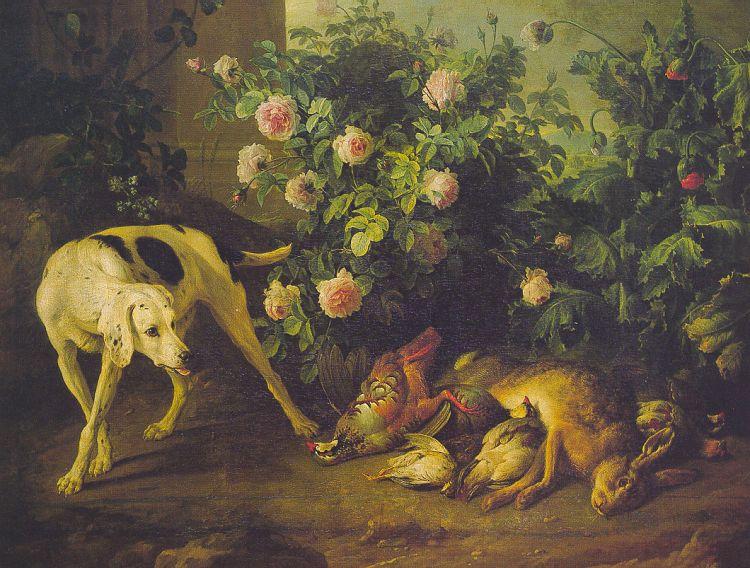 Francois Desportes Dog Guarding Game near a Rosebush Sweden oil painting art